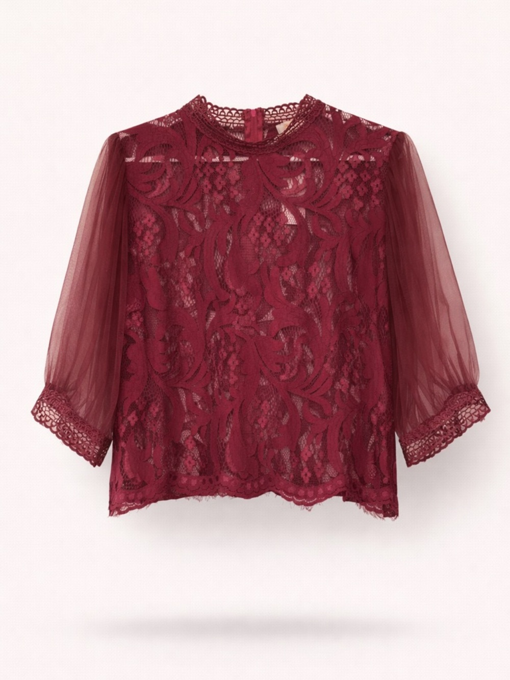 Peach Couture Burgundy Lace & Sheer Sleeve Blouse